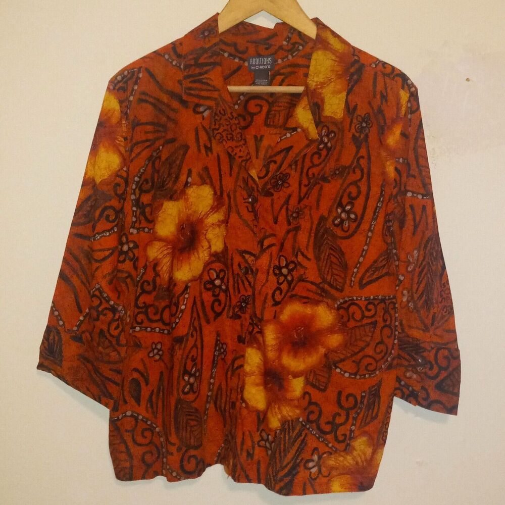 Vtg Additions By Chicos Hawaiian Button Front Blouse-Size 2/US M-Orange-Floral
